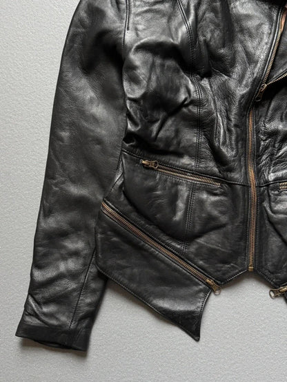 1980s Asymmetrical Black Leather Biker Jacket Small