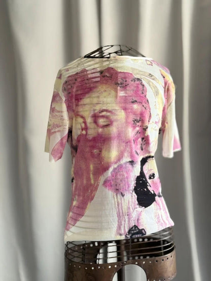 Y2K Abstract Face Print Top Pink Graphic Tee Embellished Festival Indie Large