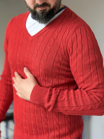Gieves & Hawkes Red Cable Knit V Neck Jumper Merino Wool Sweater