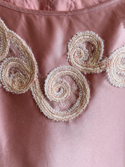 Y2K Silk Cropped Cami Top Pink Lace Embroidery Medium
