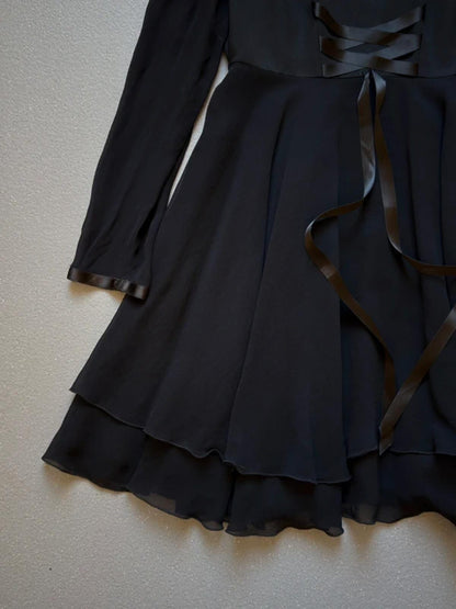 Saké Black Long Sleeve Skater Dress with Ribbon Detail Size 14