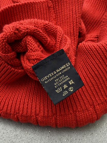 Gieves & Hawkes Red Cable Knit V Neck Jumper Merino Wool Sweater