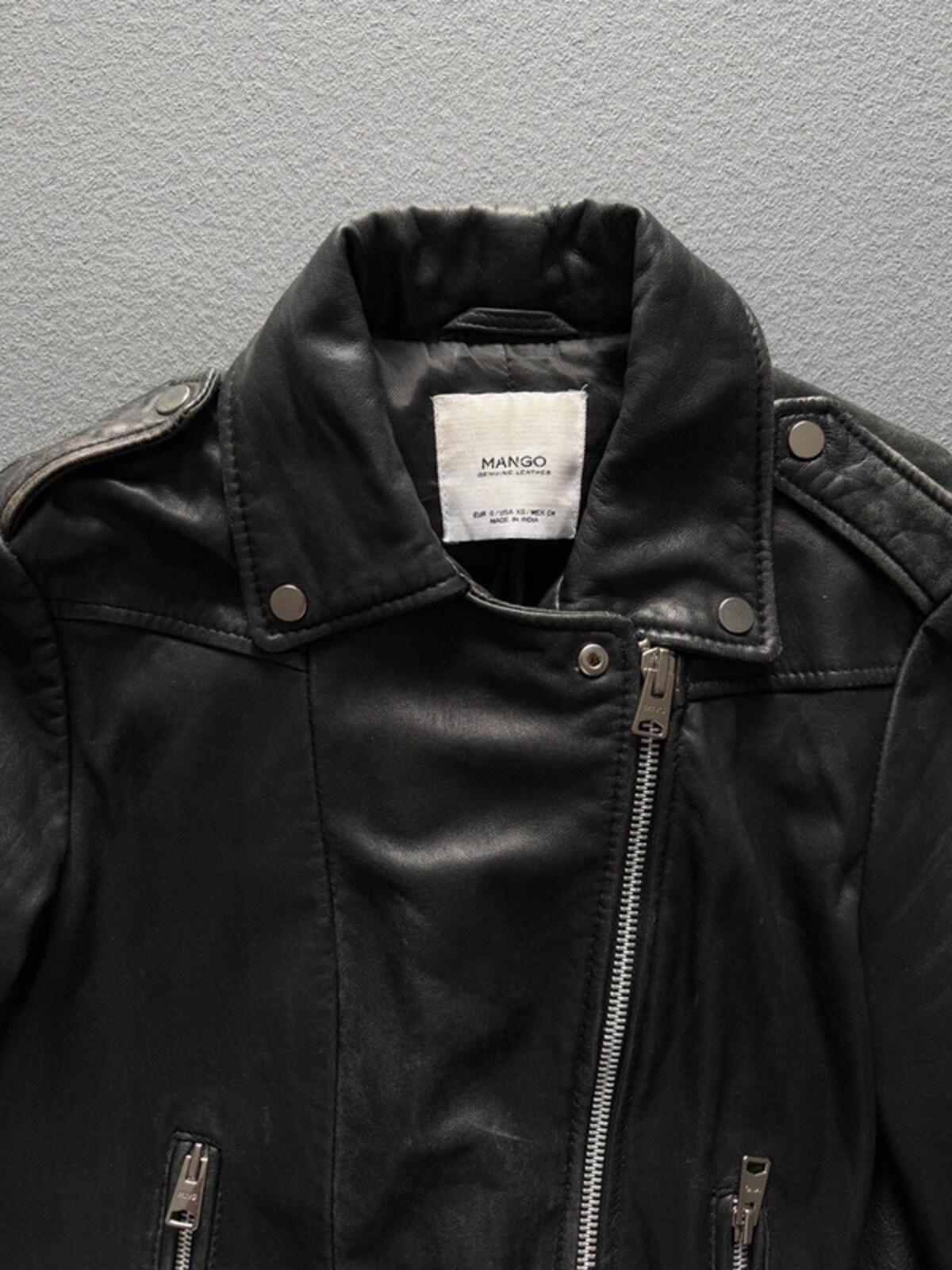 Mango Real Leather Black Biker Jacket Small