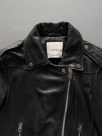 Mango Real Leather Black Biker Jacket Small