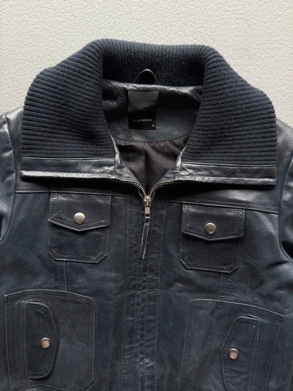 Y2K Vero Moda Navy Blue Leather Jacket – Women’s Medium