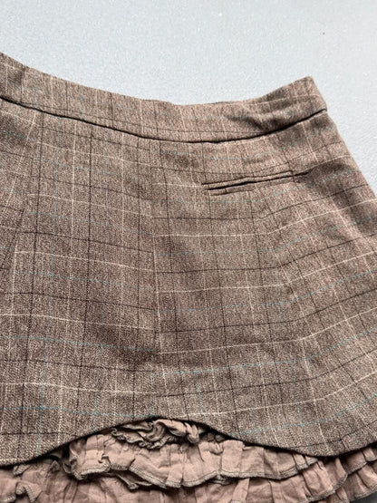Vintage Y2K Brown Plaid Mini Skirt Ruffle Hem 30”