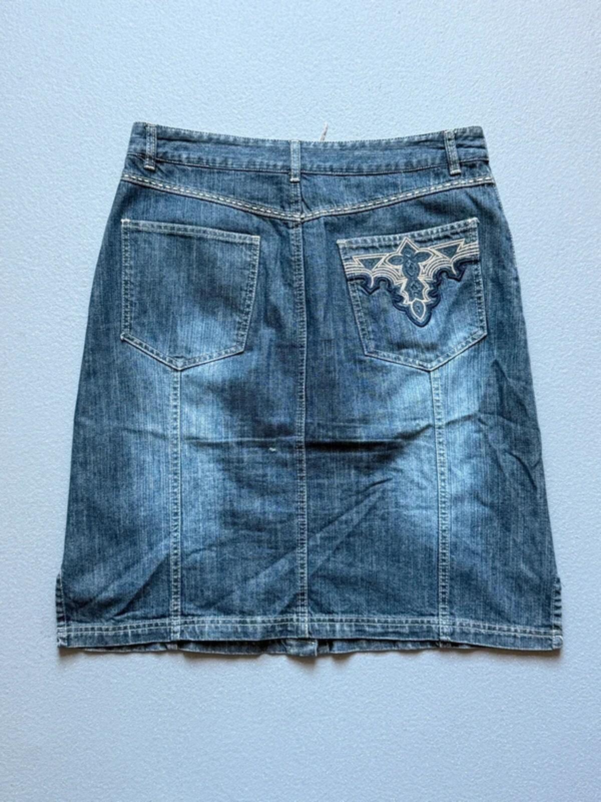 Y2K Share Tribal Embroidered Front Button Denim Skirt Size 16
