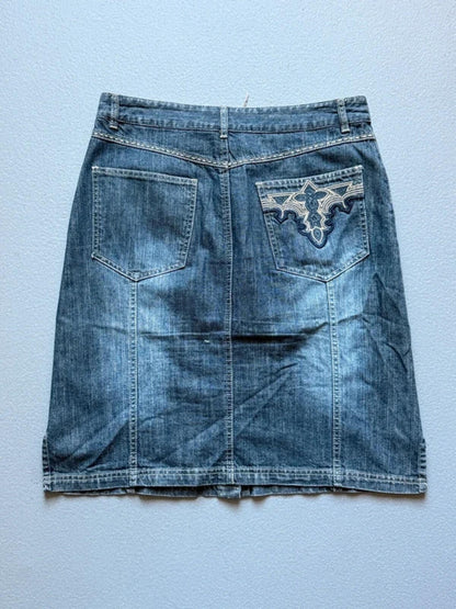 Y2K Share Tribal Embroidered Front Button Denim Skirt Size 16