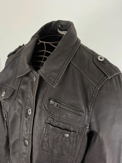Leather Utility Jacket Brown Size 16 Y2K