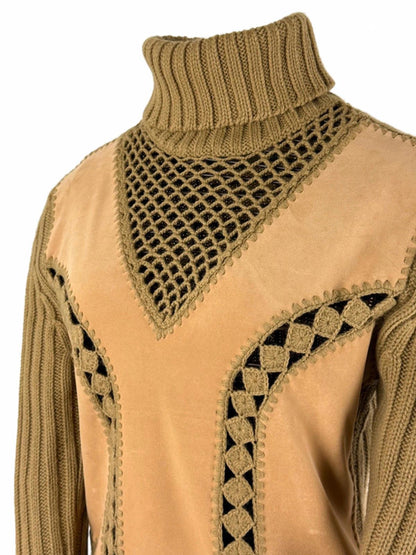 Vintage Knit Suede Panel Turtleneck Sweater Medium