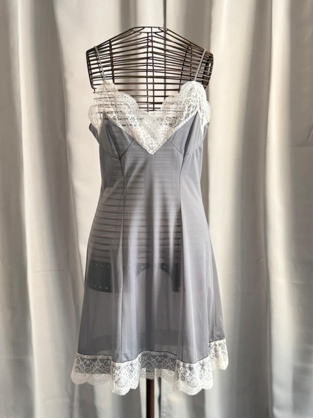 Vintage Silver Lace Trim Slip Dress Size 10-12 Y2K 90s