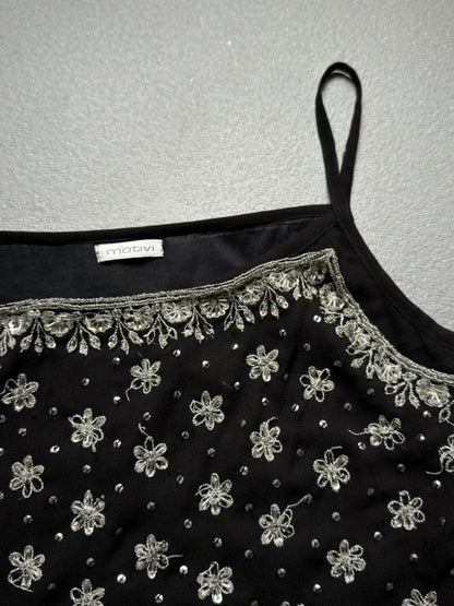 Y2K Floral Sequin Motivi Black Cami Top Small
