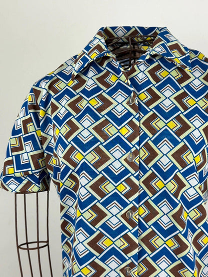 1970s Style Vintage Poly Mosaic Pattern Shirt Large