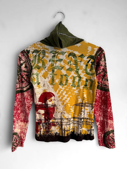 Y2K Patterned Art Long Sleeve Ribbed Top Small
