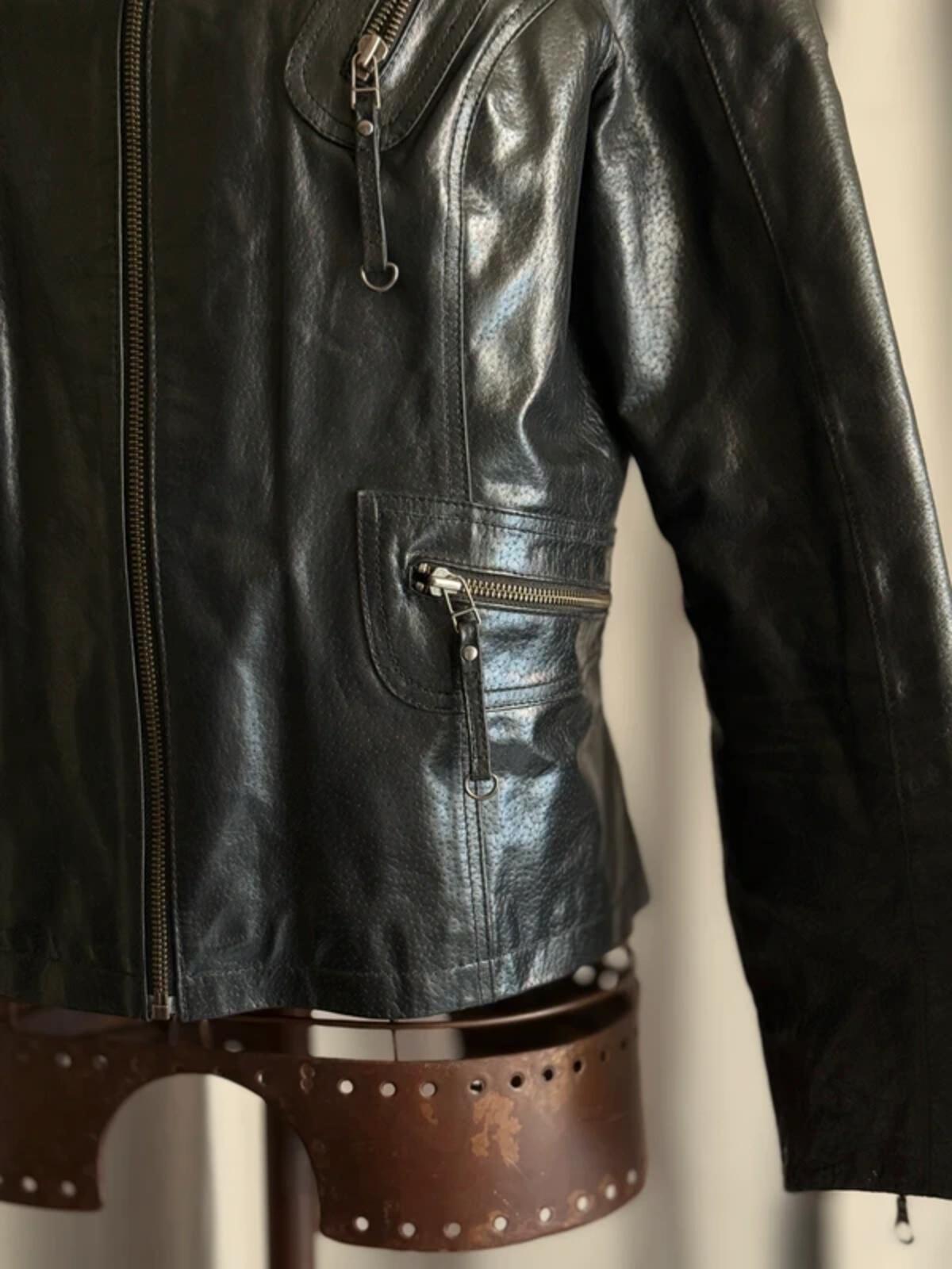 Vintage Black Leather Moto Jacket Medium Biker Y2K Zip Detail Grunge