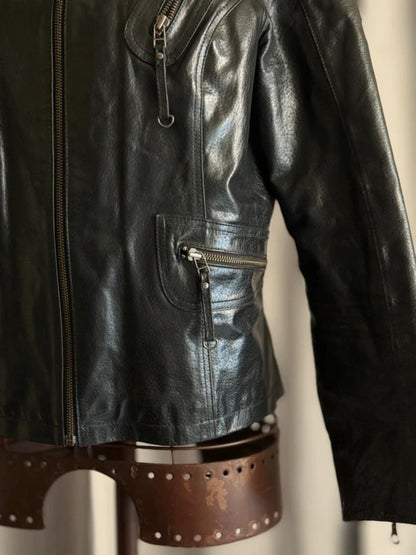 Vintage Black Leather Moto Jacket Medium Biker Y2K Zip Detail Grunge