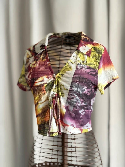 Y2K Mesh Tie Front Crop Top Abstract Print Fairycore Coquette UK 14