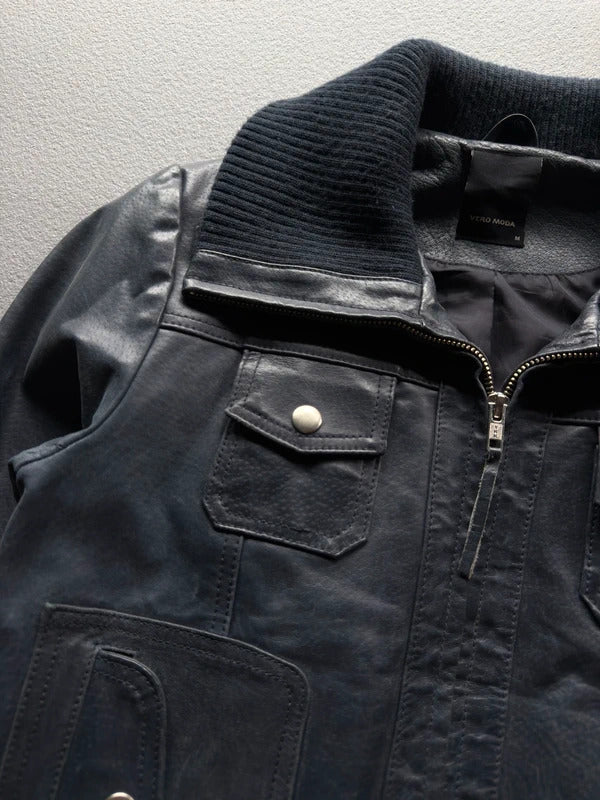 Y2K Vero Moda Navy Blue Leather Jacket – Women’s Medium