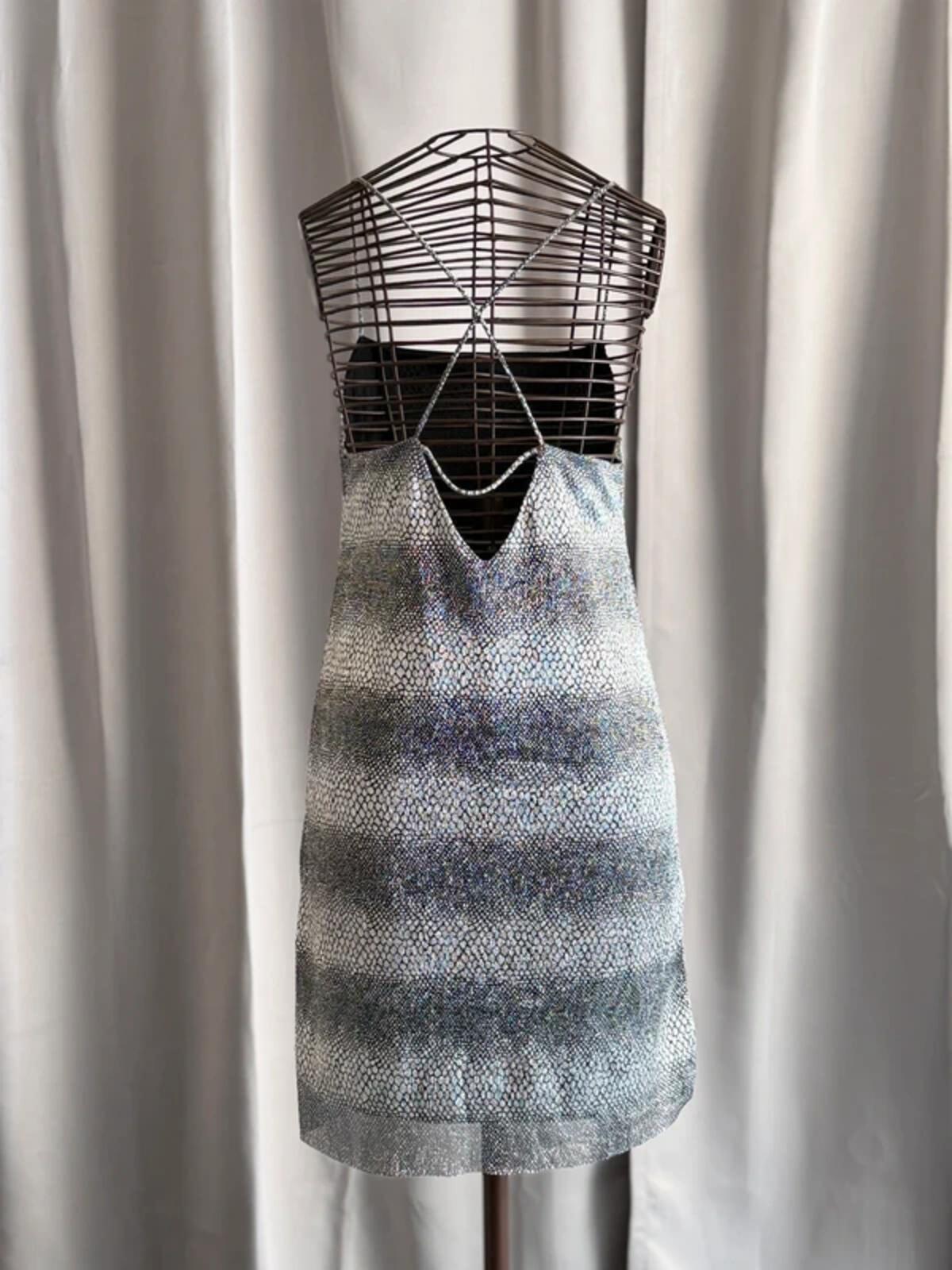 River Island Silver Metallic Mini Dress Size 14 Y2K Party Clubbing Backless