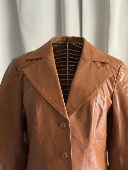 Vera Moda Brown Leather Jacket with big lapels Large