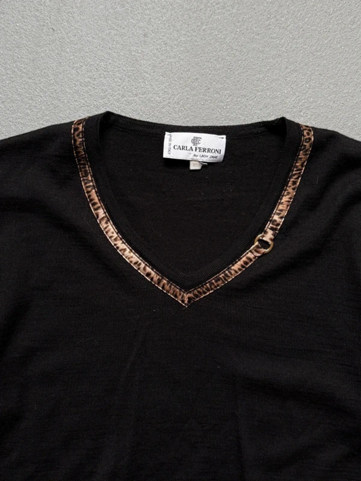 Carla Ferroni Black V-Neck Top Leopard Trim Detail Merino Wool Size XL Made in Italy