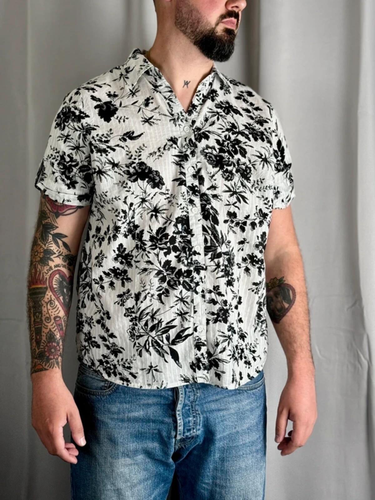 Vintage Black & White Floral Boxy Blouse Shirt Ladies XL