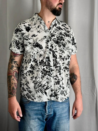 Vintage Black & White Floral Boxy Blouse Shirt Ladies XL