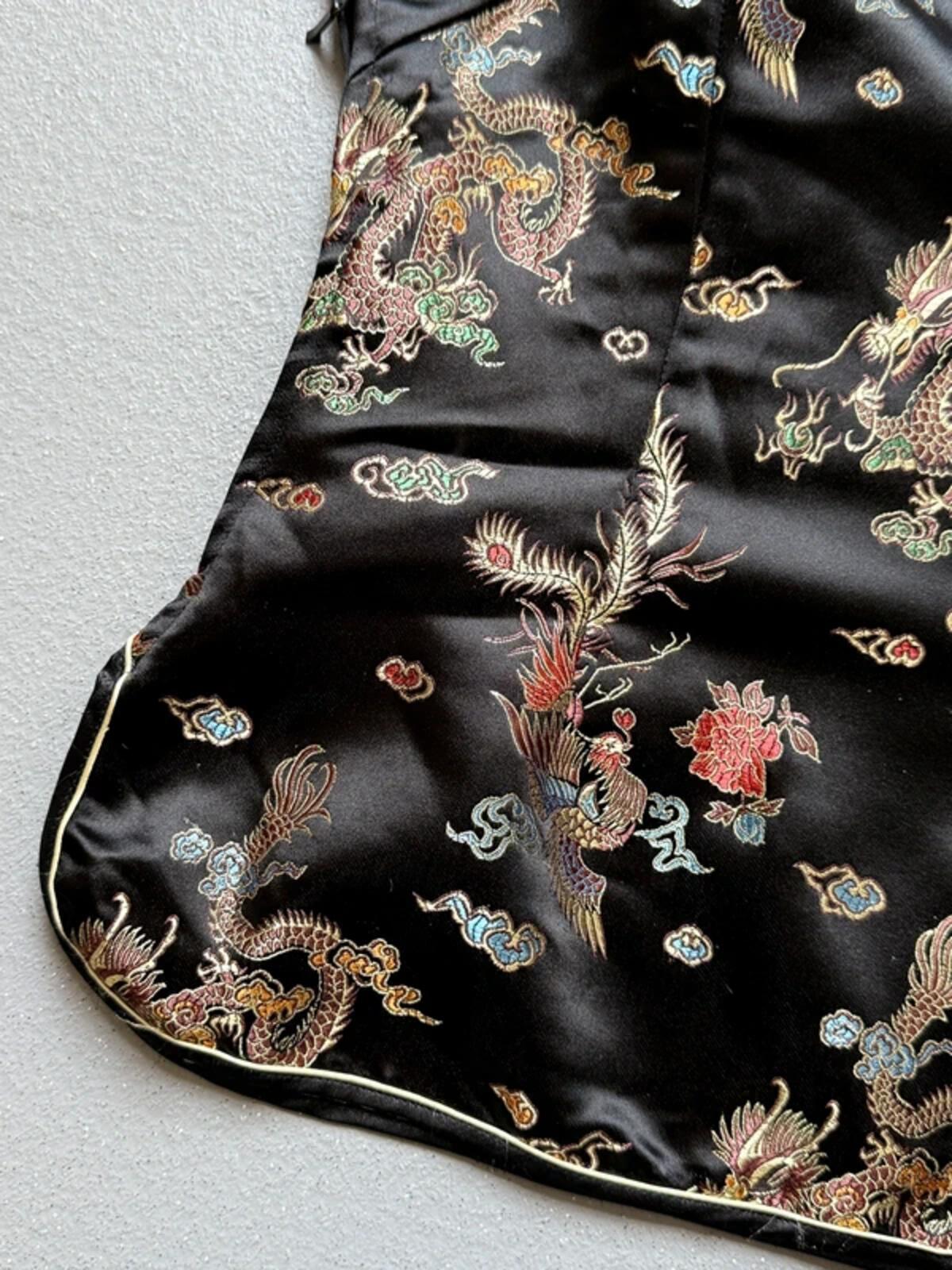 Y2K Black Dragon Phoenix Geisha Top 100% Silk Medium