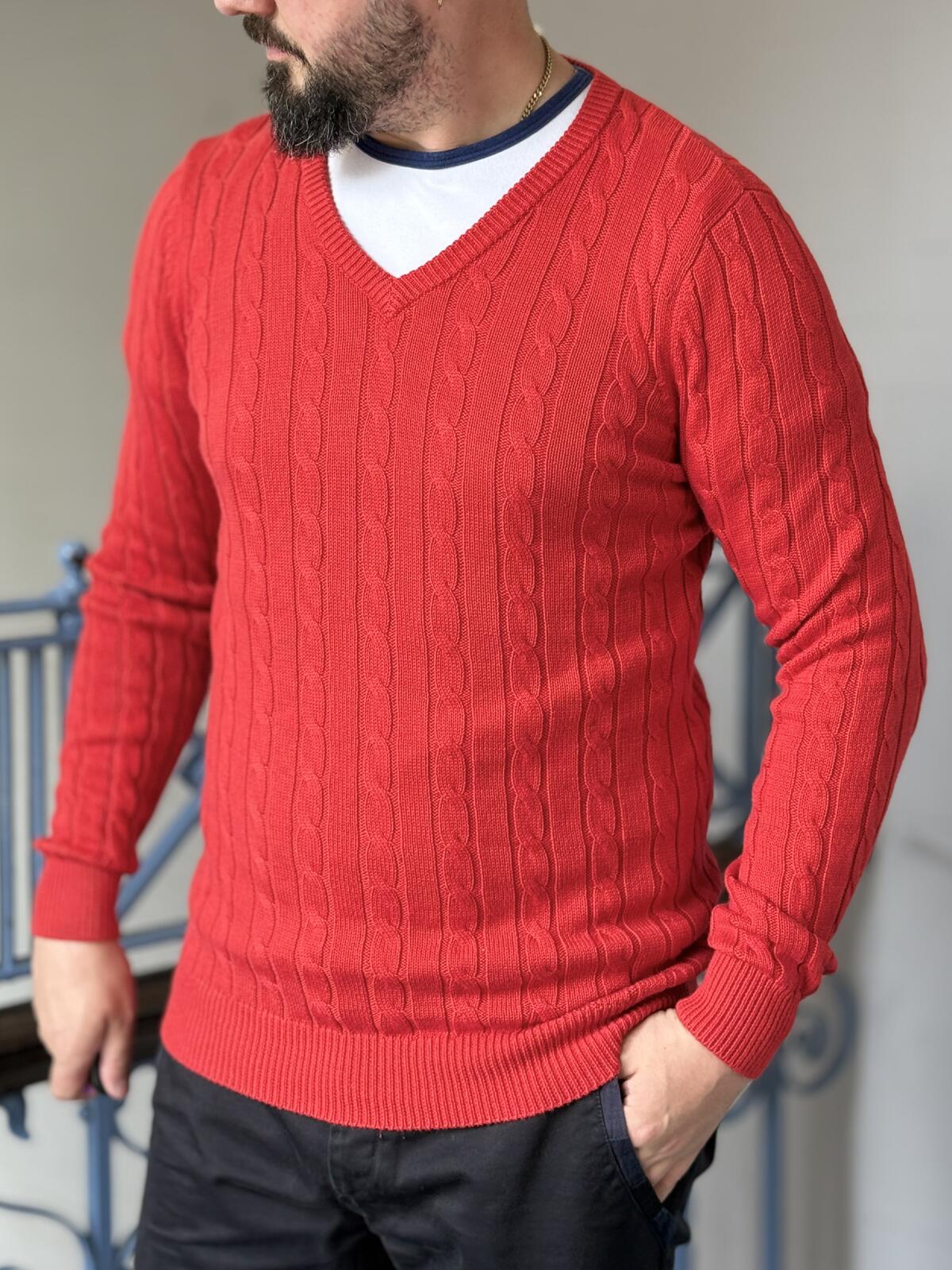 Gieves & Hawkes Red Cable Knit V Neck Jumper Merino Wool Sweater