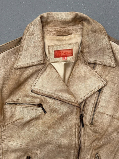 Y2K Distressed Beige Biker Jacket Leather Size 12