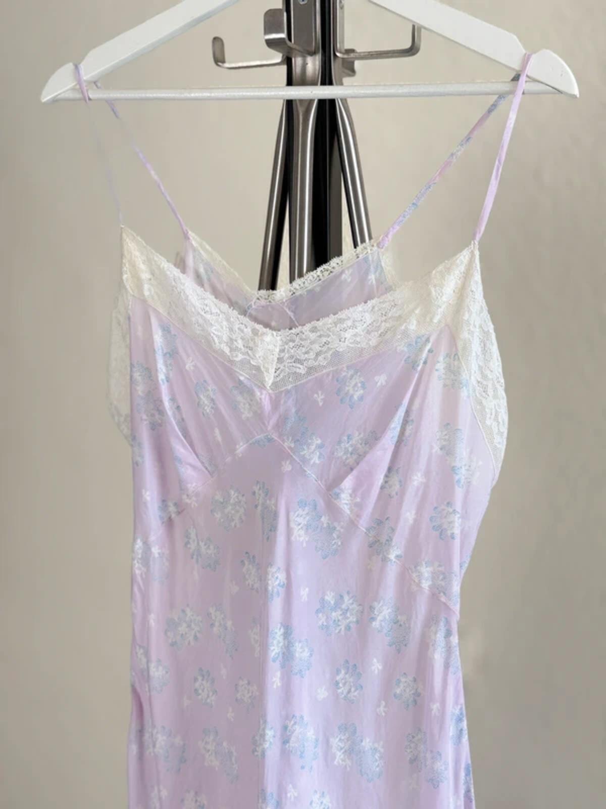 Y2K Lilac Silky Babydoll Slip Dress Floral Lace Medium