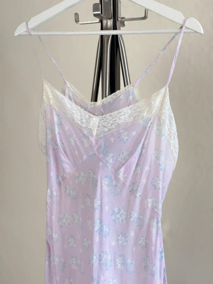 Y2K Lilac Silky Babydoll Slip Dress Floral Lace Medium