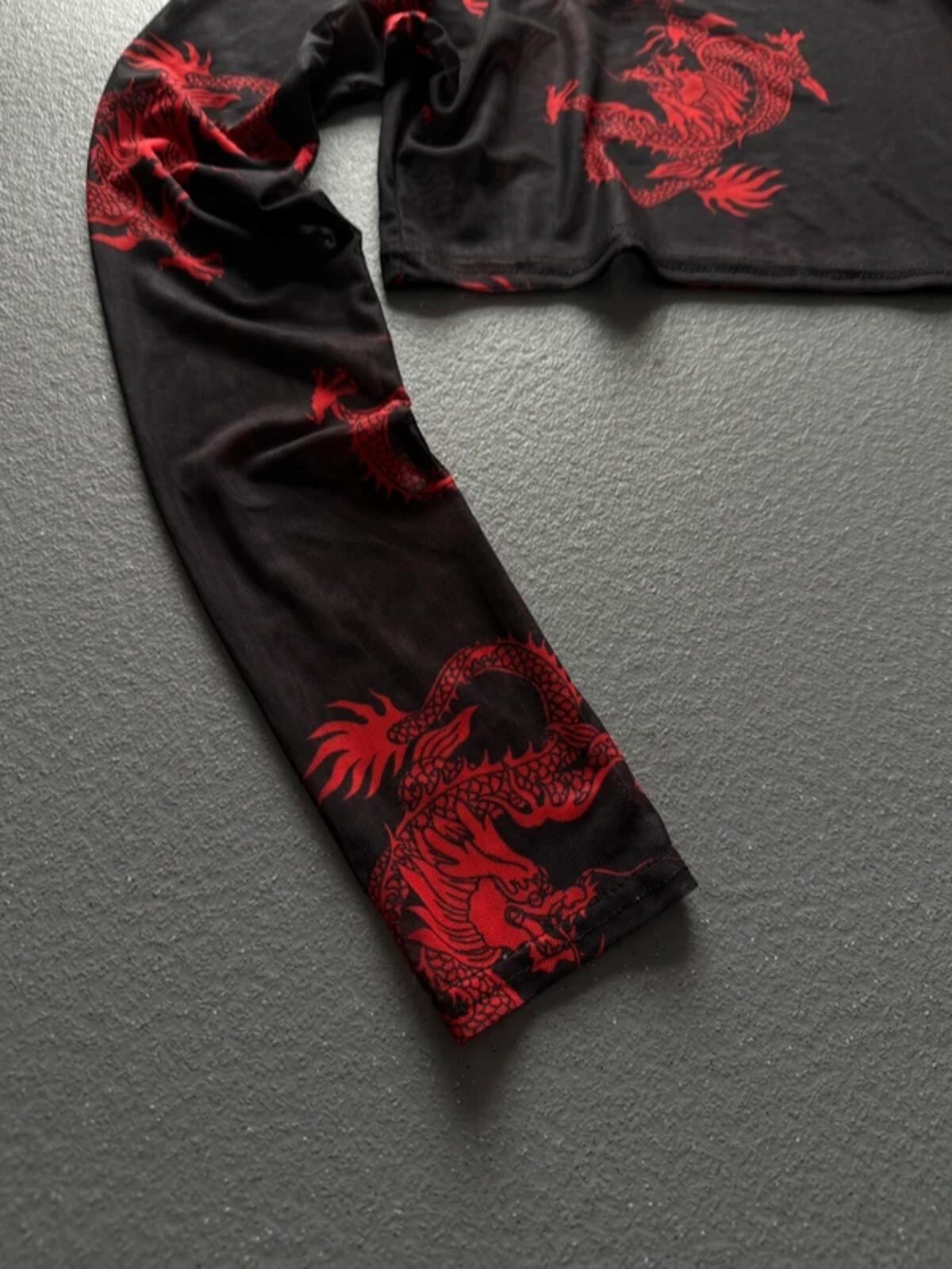 Mesh Dragon Print Crop Top Long Sleeve Size 12
