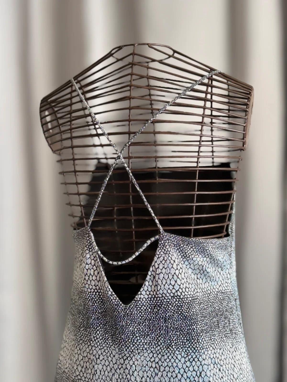 River Island Silver Metallic Mini Dress Size 14 Y2K Party Clubbing Backless