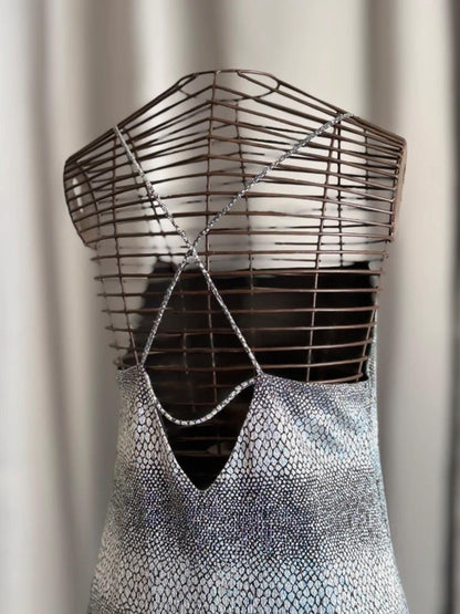 River Island Silver Metallic Mini Dress Size 14 Y2K Party Clubbing Backless