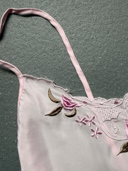 Y2K Pink Rose Embroidery Silk Slip Dress Babydoll XS