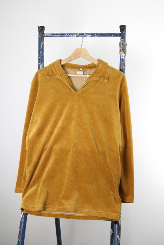 70s Mustard Velour Velvet Tunic Top Medium