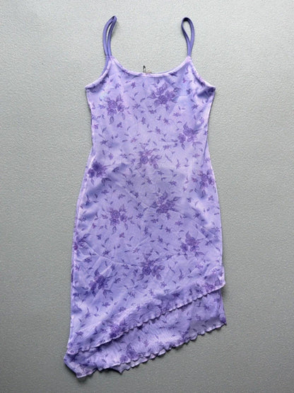 Y2K Asymmetrical Floral Mesh Strap Dress Small