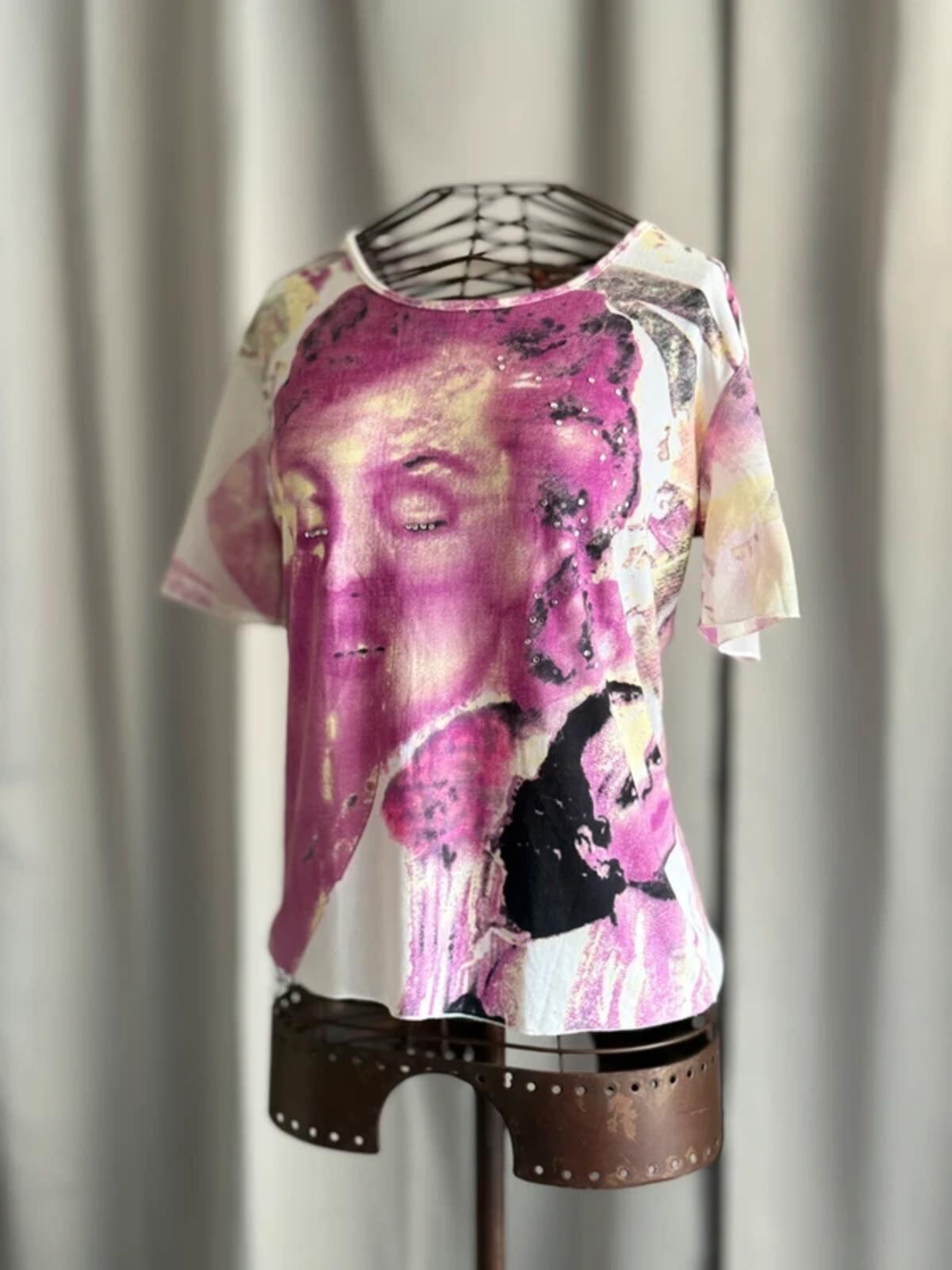Y2K Abstract Face Print Top Pink Graphic Tee Embellished Festival Indie Large