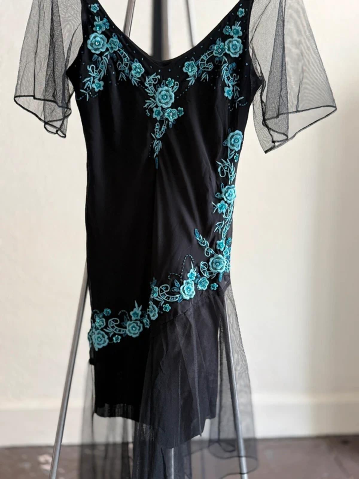 Floral Patch Embroidery Fairy Mesh Sleeve Dress UK 12