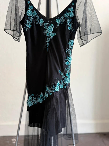 Floral Patch Embroidery Fairy Mesh Sleeve Dress UK 12