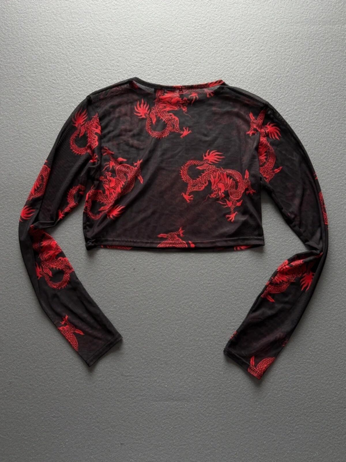 Mesh Dragon Print Crop Top Long Sleeve Size 12