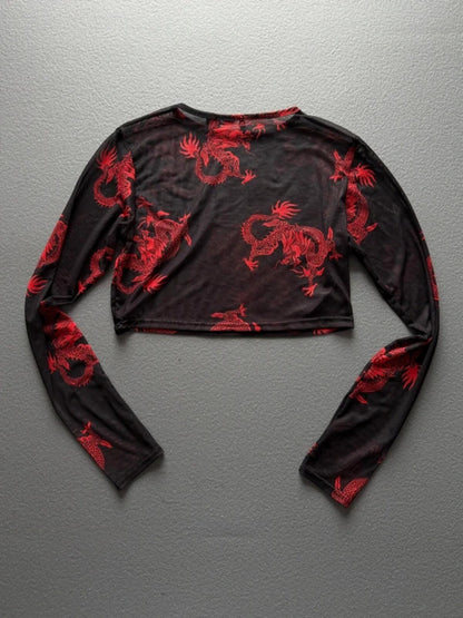 Mesh Dragon Print Crop Top Long Sleeve Size 12
