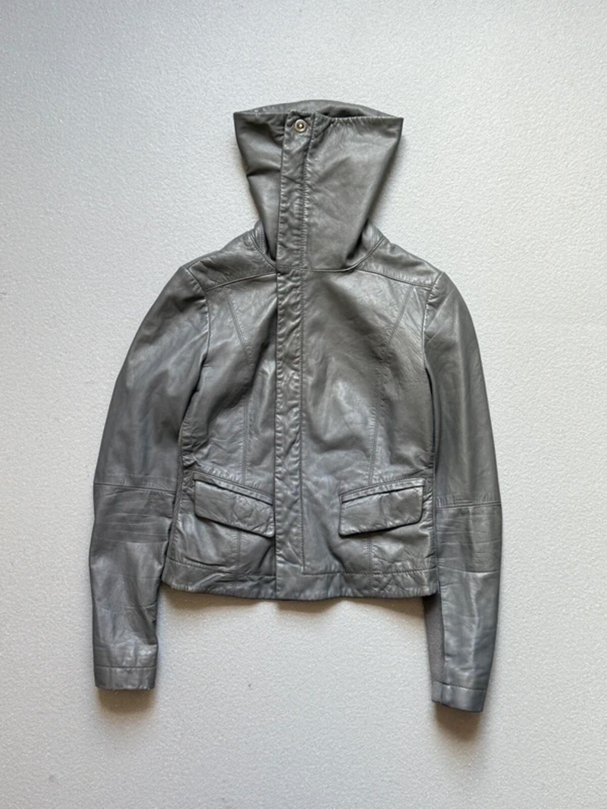 Y2K Grey Funnel Neck Leather Jacket XS Cropped