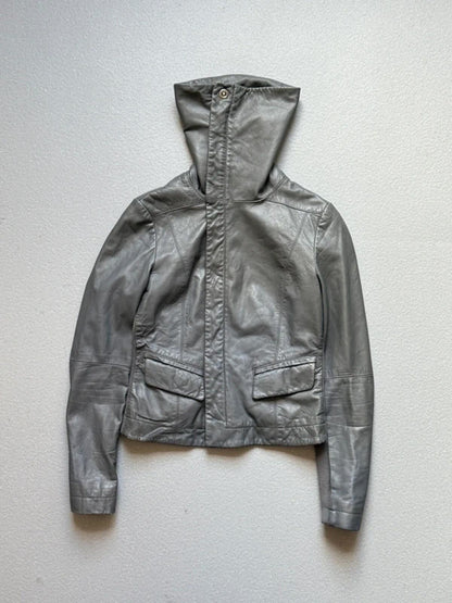 Y2K Grey Funnel Neck Leather Jacket XS Cropped