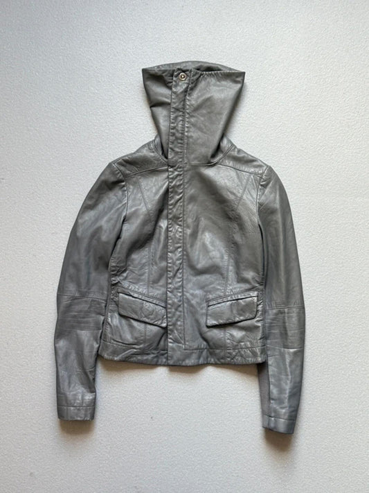 Y2K Grey Funnel Neck Leather Jacket XS Cropped