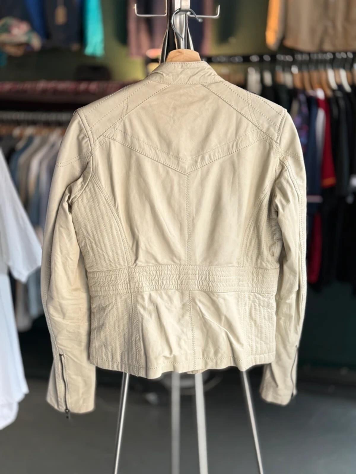 Y2K Cream Leather Bomber Biker Jacket Large