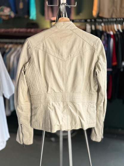Y2K Cream Leather Bomber Biker Jacket Large
