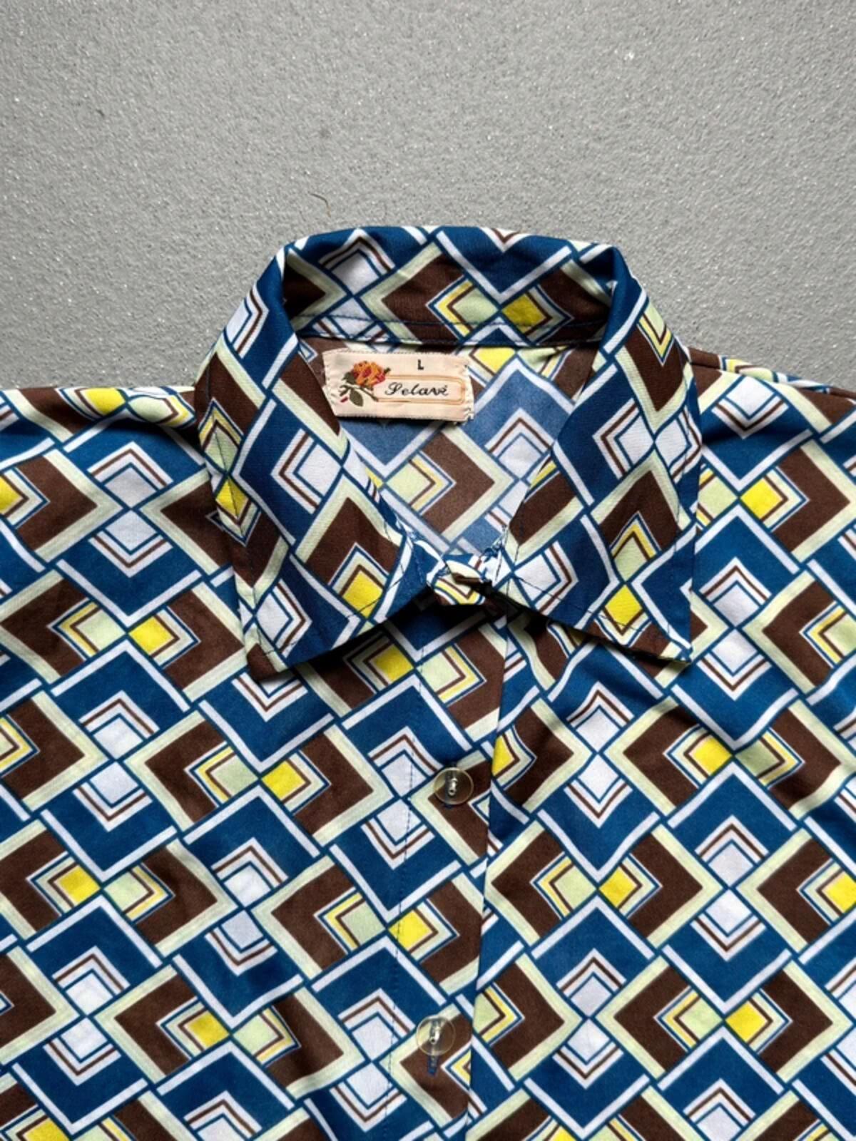 Vintage 1970s Geometric Pattern Short Sleeve Shirt Ladies Large