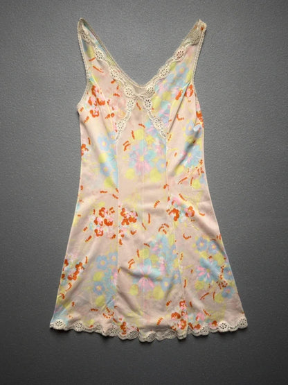 Y2K Lace Trim Pastel Pattern Slip Dress Small